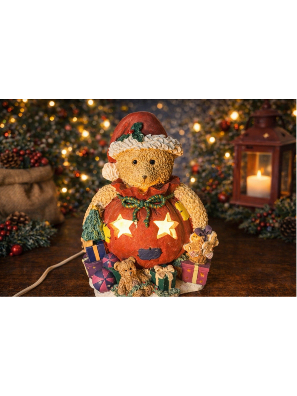 Vintage Style Lighted Teddy Bear Christmas Decoration – 8” X 5.5”